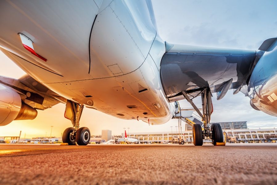 Flugzeugfahrwerk im Vordergrund auf Rollfeld bei Sonnenaufgang.